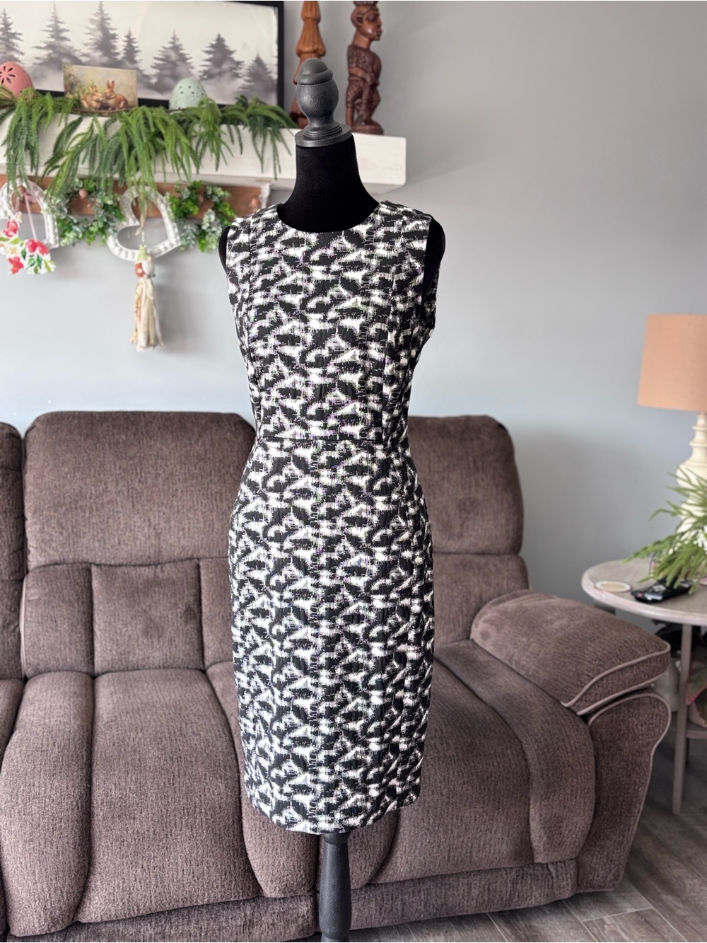 Calvin Klein Black & White Textured Sheath Midi Dress
